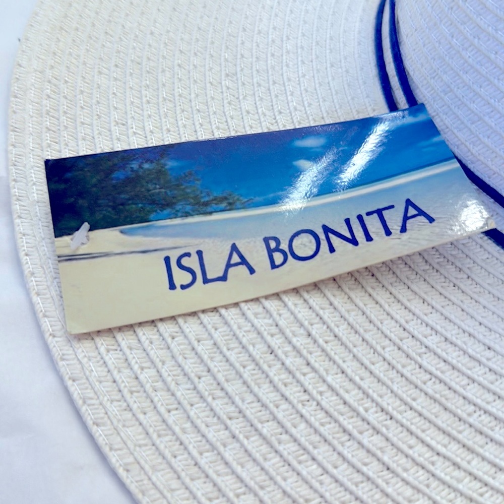 Isle Bonita BEACH PLEASE floppy hat. White beach sun hat with blue stitching NWT - Picture 6 of 7
